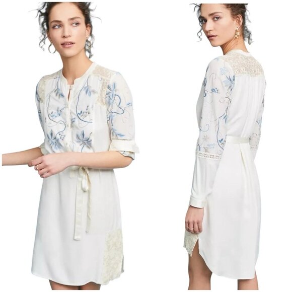 Anthropologie Timy Amarante Embroidered Shirt Dress W/ Metallic Gold Lace & Pear - Picture 2 of 11